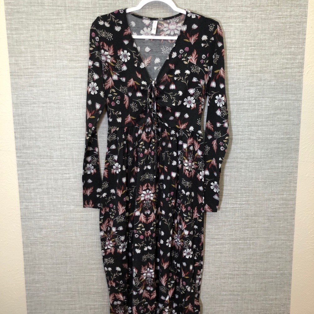 Comfy Long Sleeve Floral Print Midi Dress - L